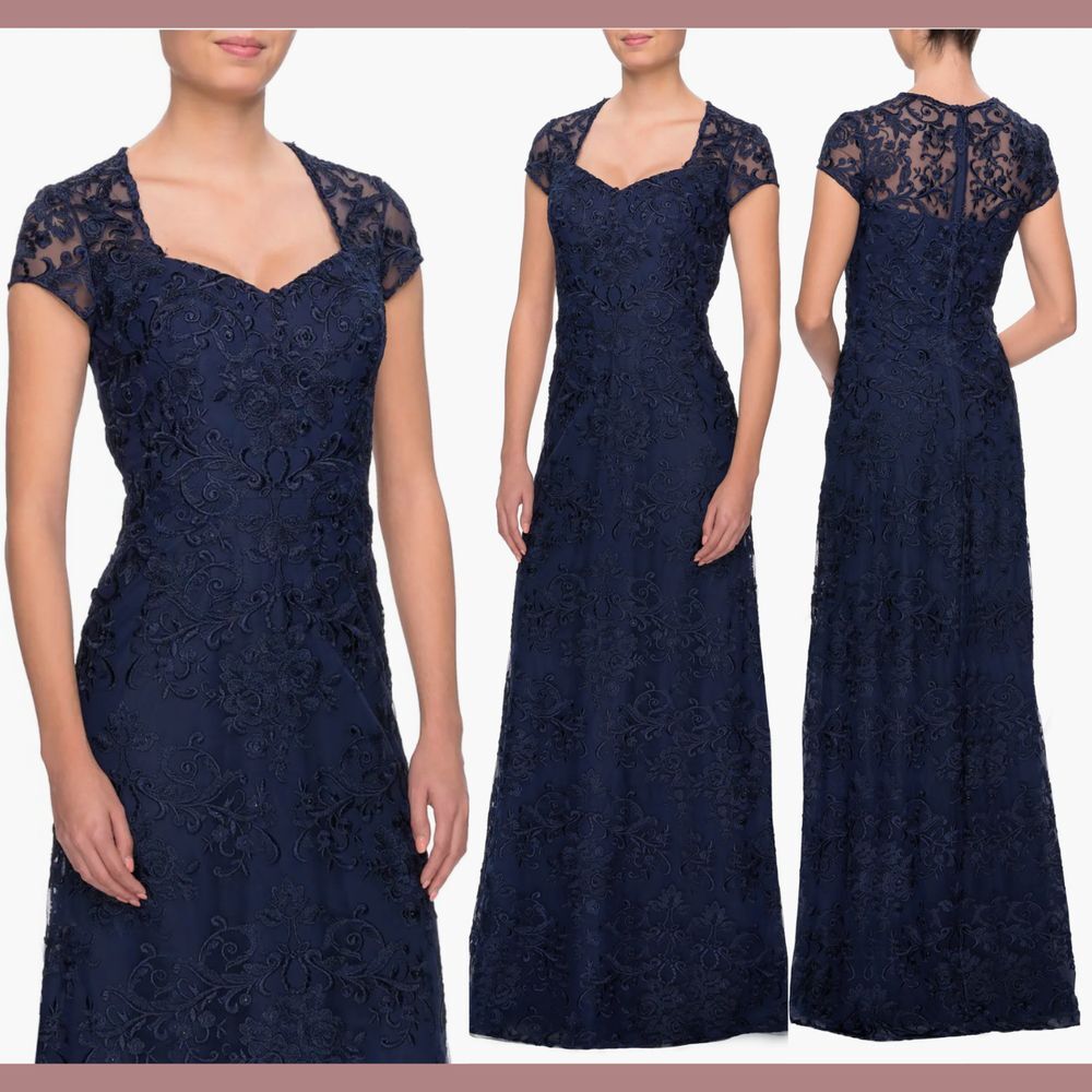 NWT $639 La Femme [ 4 ] 27951 Sweatheart Embellished Lace‎ Gown Navy Blue